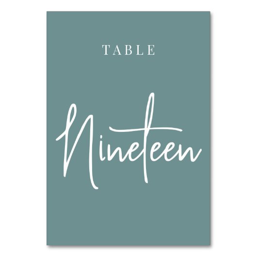 Dusty Aquamarin Hand Scripting Table NINETEEN Tischnummer (Vorderseite)