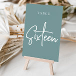 Dusty Aquamarin Hand Skripte Tabelle SIXTEEN Tischnummer<br><div class="desc">Einfache und schicke Tischnummer-Karten in staubigen aquamarinen Aqua und Weiß machen eine elegante Aussage bei Ihrer Hochzeit oder Veranstaltung. Das Design bietet "table [number]" in einem spannenden Mix aus klassischen Serifen und handgeschriebenen Skripten. Design wiederholt sich auf beiden Seiten. Einzelne nummerierte Karten werden separat verkauft; bestellen Sie jede Tischnummer einzeln...</div>