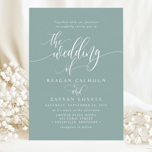 Dusty Aquamarin Simple Modern Script Wedding Einladung