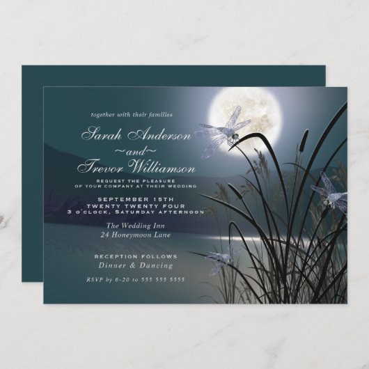 Dusty Aquamarin Wedding Full Moon Dragonfly Pond Einladung (Vorne/Hinten)