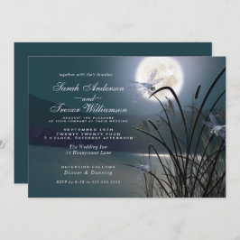 Dusty Aquamarin Wedding Full Moon Dragonfly Pond Einladung