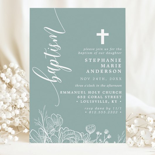 Dusty Aquamarin White Floral Elegante Script Taufe Einladung