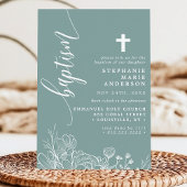Dusty Aquamarin White Floral Elegante Script Taufe Einladung