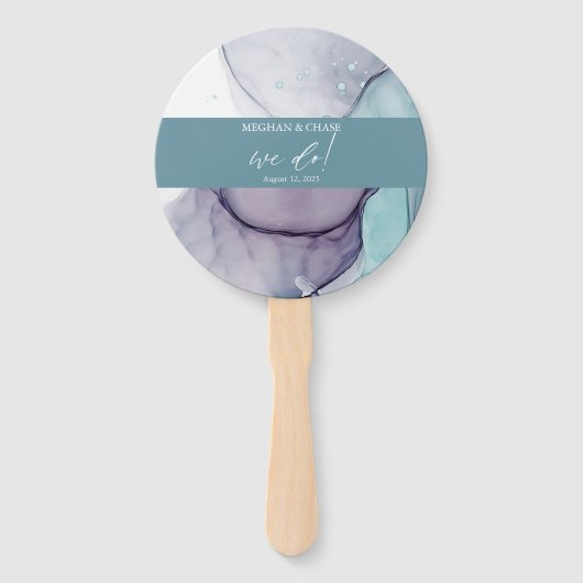 Dusty Aquamarine Alkohol Tinte Wedding Hand Fan Fächer (Vorderseite)
