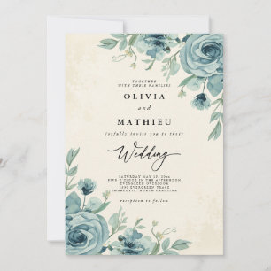 Dusty Aquamarine Vintage Blumenblütenhochzeit Einladung