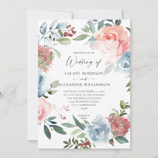 Dusty Baby Blue & Pink Blush 2 Floral Wedding Invi Einladung (Vorderseite)