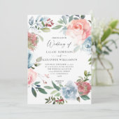 Dusty Baby Blue & Pink Blush 2 Floral Wedding Invi Einladung (Stehend Vorderseite)