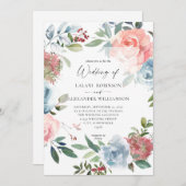 Dusty Baby Blue & Pink Blush 2 Floral Wedding Invi Einladung (Vorne/Hinten)
