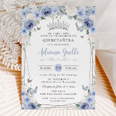 Dusty Baby Blue White Floral Silver Quinceañera 16 Einladung