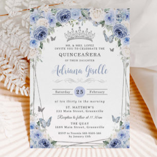 Dusty Baby Blue White Floral Silver Quinceañera 16 Einladung