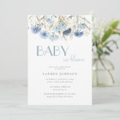 DUSTY Baby in Bloom Blue Beige Babydusche Einladung (Stehend Vorderseite)