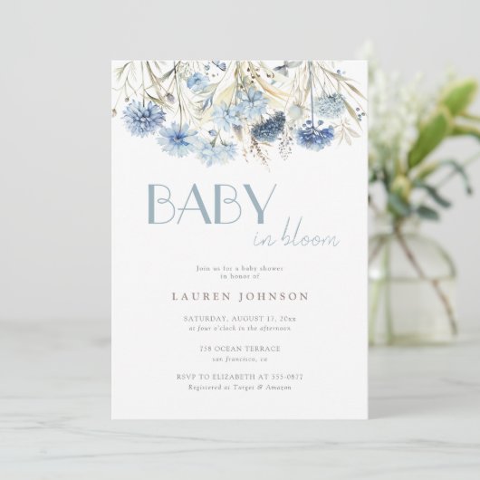DUSTY Baby in Bloom Blue Beige Babydusche Einladung (Stehend Vorderseite)