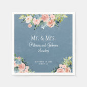 Dusty blau floral Mr & Mrs. elegante Skript Hochze Serviette (Vorderseite)