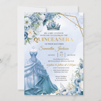Dusty blau floral Twin Princess Kleid Quinceañera Einladung