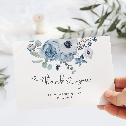 Dusty blau florale minimalistische Hochzeit danke Karte