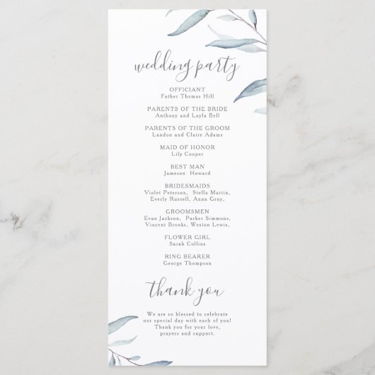 Dusty blau minimalgrün rustikales Hochzeitsprogram Menükarte (Rückseite)