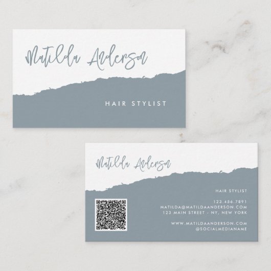 Dusty Blau moderne minimale Skript QR CODE Visitenkarte (Vorne/Hinten)