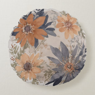 Dusty Blau und Orange Wasserfarben Blumen Rundes Kissen