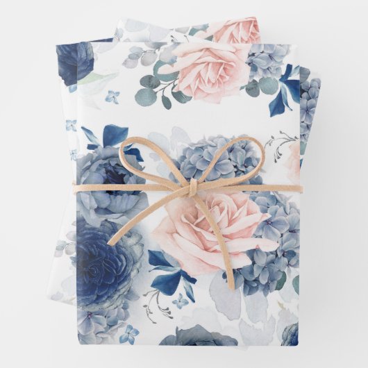 Dusty Blau und Rosa Blume Elegant Botanisch Geschenkpapier Set (Beispiel)