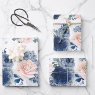 Dusty Blau und Rosa Blume Elegant Botanisch Geschenkpapier Set