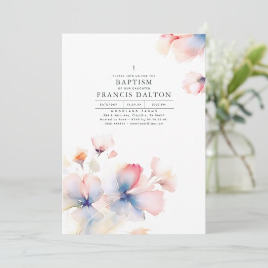Dusty Blau und Rosa Elegante ätherische Taufe Einladung (Stehend Vorderseite)