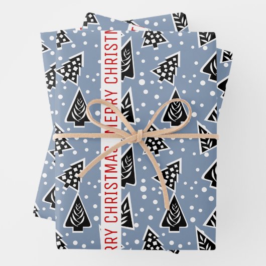 Dusty blau und schwarz Frohe Weihnachtsbäume Urlau Geschenkpapier Set (Beispiel)