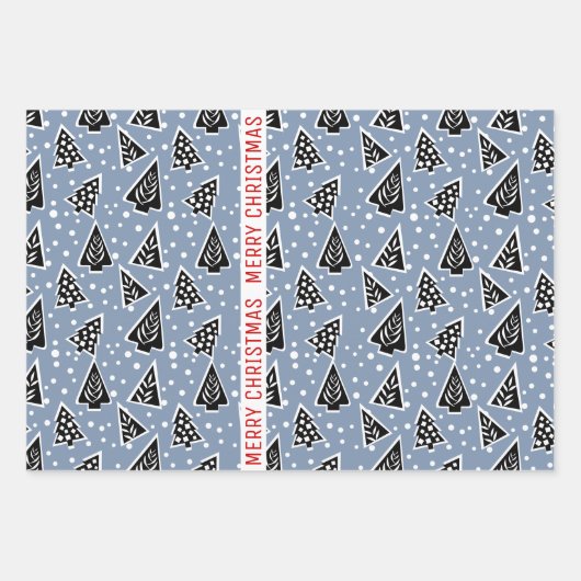 Dusty blau und schwarz Frohe Weihnachtsbäume Urlau Geschenkpapier Set (Vorderseite)