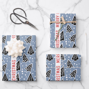Dusty blau und schwarz Frohe Weihnachtsbäume Urlau Geschenkpapier Set