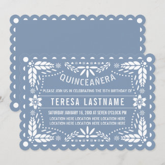 Dusty blau-weiß Papel picado Quinceañera Einladung
