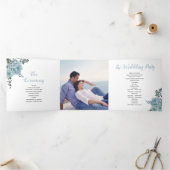 Dusty blaue Aquarellfarben Blume grüne Blätter, Fo Dreifach-gefaltete Programmkarte (Innenseite)