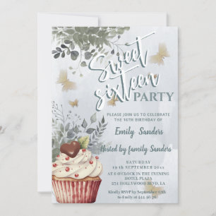 Dusty blaue Aquarellpflanze Cupcake Einladung