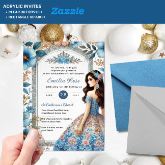 Dusty BLAUE Peach Quinceañera Kleid Blumenzange Acryleinladungen