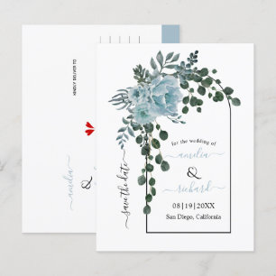 Dusty blauen Blumen Bogen Hochzeit Save the Date Postkarte