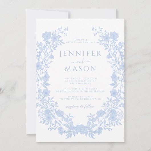 Dusty blauen Blumenkranz Böhmische klassische Hoch Einladung (Vorderseite)