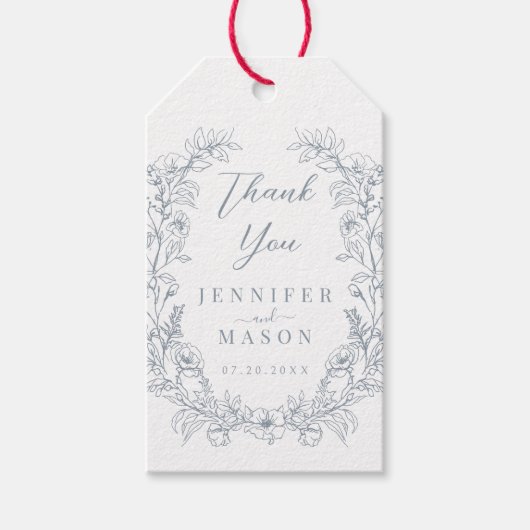 Dusty blauen Blumenkranz klassische Hochzeit danke Geschenkanhänger (Vorderseite)