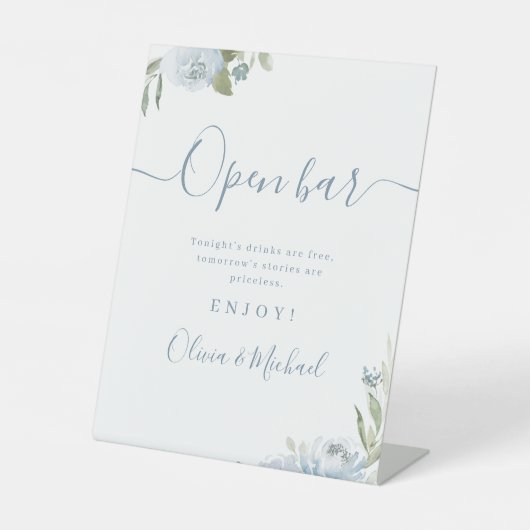 Dusty blauen Drehbuch rustikal Hochzeit Open Bar Sockelschild (Vorderseite)