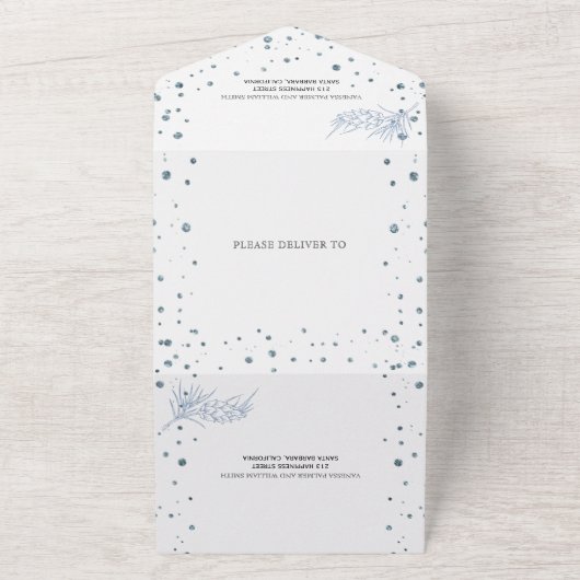 Dusty blauen Glitzer Kiefer, Konfetti Winterhochze All In One Einladung (Außenbereich)