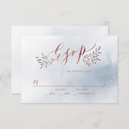 Dusty blauen Kalligraphie rustikale Blumenhochzeit RSVP Karte (Vorne/Hinten)