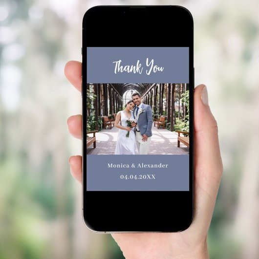 Dusty blauen modernen Hochzeitskarte Foto danke Einladung