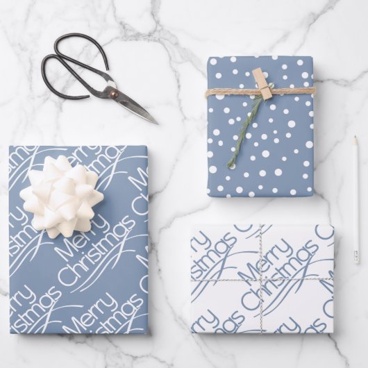 Dusty blauen Weihnachtstypografie und dots Urlaub Geschenkpapier Set (Vorderseite)