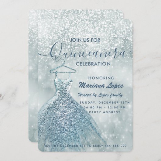 Dusty blauer Schnee Winterwunderland Quinceañera I Einladung (Vorne/Hinten)