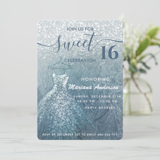 Dusty blauer Schnee Winterwunderland Süß 16 Einladung (Stehend Vorderseite)