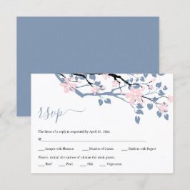 Dusty blauer Zweig mit rot-rosa Blume Hochzeit RSVP Karte