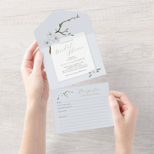 Dusty blaues Frühlingsblumen Brautparty mit Rezept All In One Einladung (Abreißen)