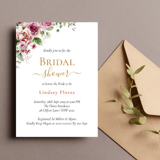Dusty Bloral Blush Pink Elegantes Gold Brautparty Einladung