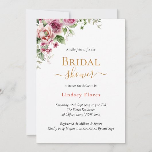 Dusty Bloral Blush Pink Elegantes Gold Brautparty Einladung (Vorderseite)