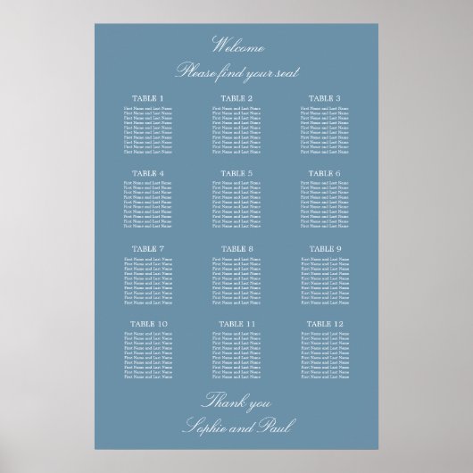 Dusty Blue 12 Table Wedding Seating Chart Poster (Vorne)