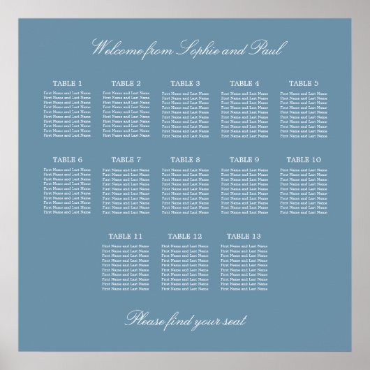 Dusty Blue 13 Table Wedding Seating Chart Poster (Vorne)