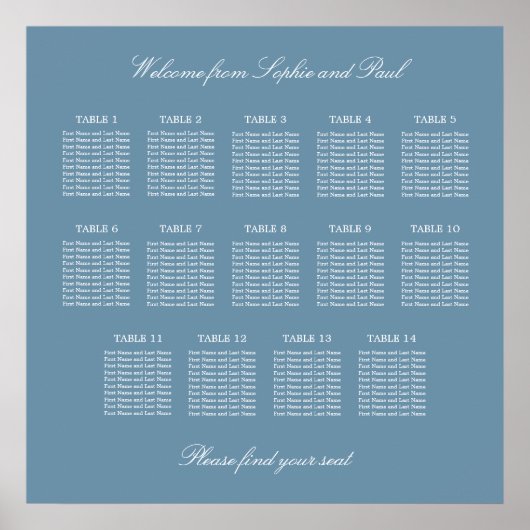 Dusty Blue 14 Table Wedding Seating Chart Poster (Vorne)