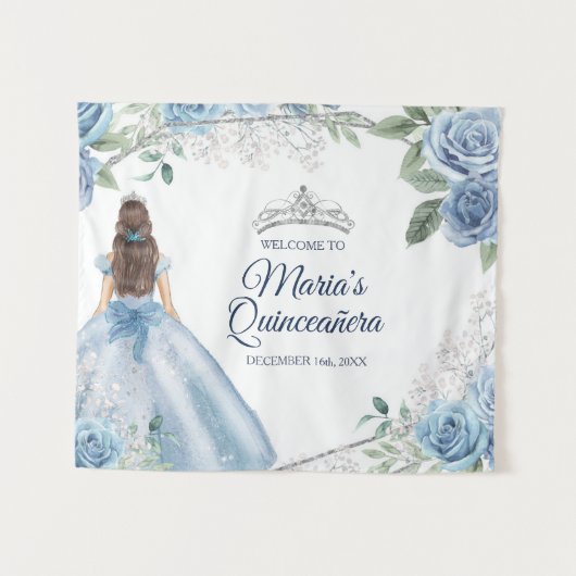 Dusty Blue 15 Anos Quinceañera Crown Begrüßungszei Wandteppich (Vorderseite (Horizontal))